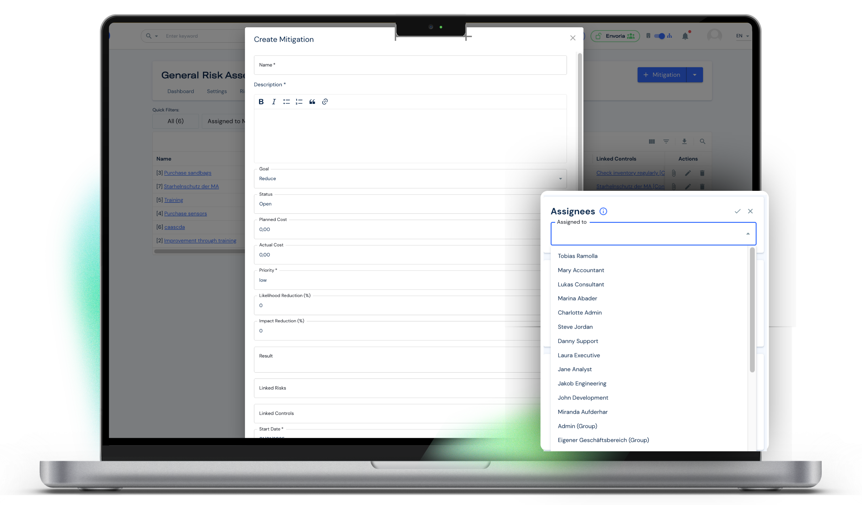 Envoria Software Risk Management Create Mitigation and Assignees